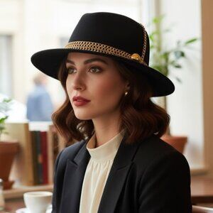 Toucan Vintage Hat 100% Black Wool Gold Chain New York Los Angeles USA